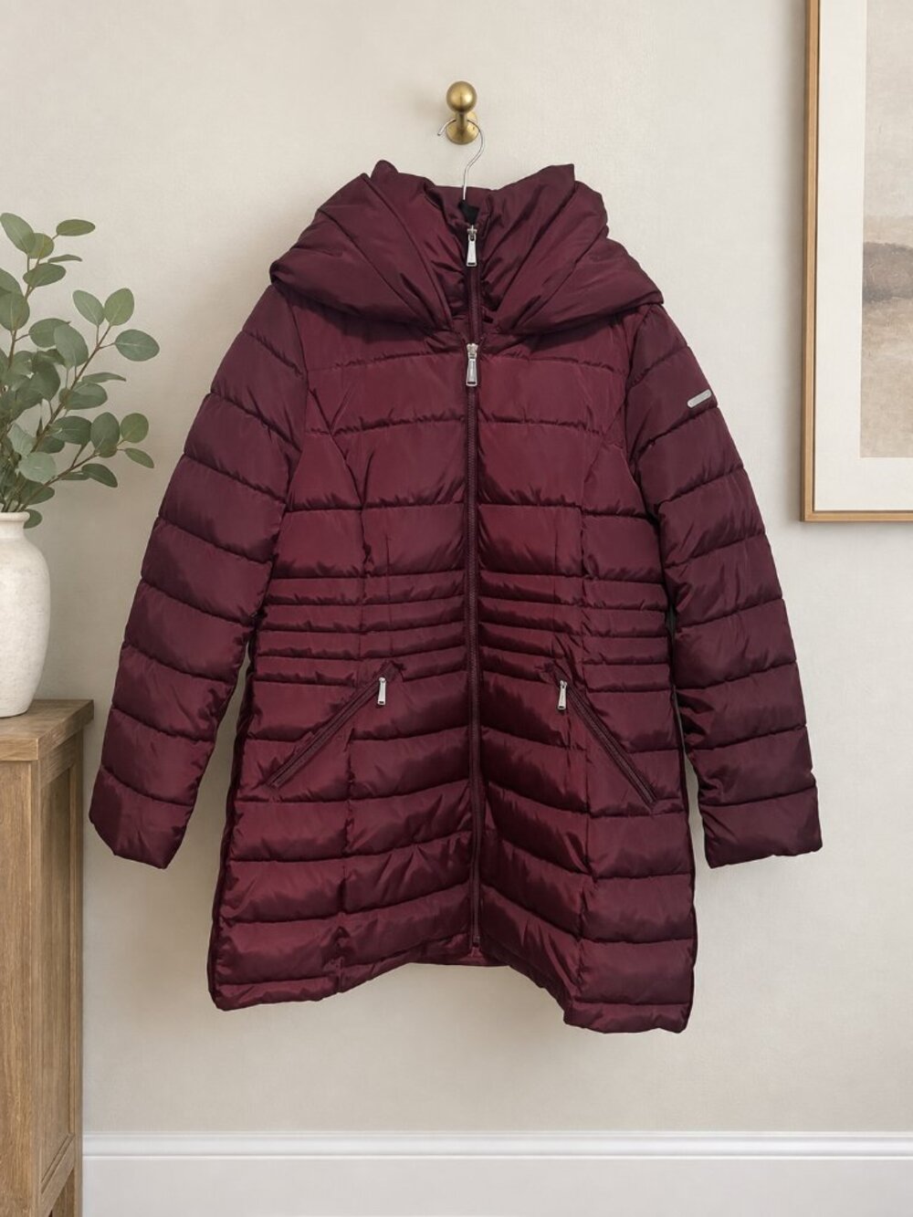 Laundry by Shelli Segal Burgundy Long Puffer Coat Oversized Hood Size L